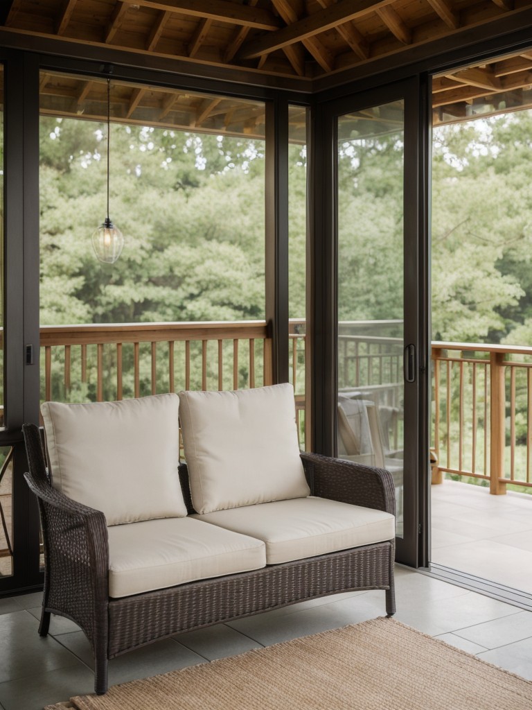 Consider adding comfortable seating options such as a cushioned bench, lounge chairs, or hammocks to transform your screened-in balcony into a tranquil retreat.