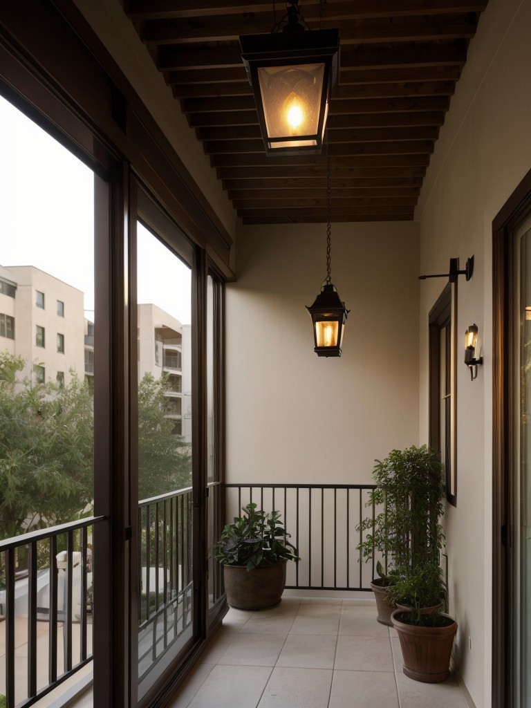 Experiment with various lighting options, including lanterns, sconces, or recessed lights, to create ambiance and set the mood in your screened-in apartment balcony.