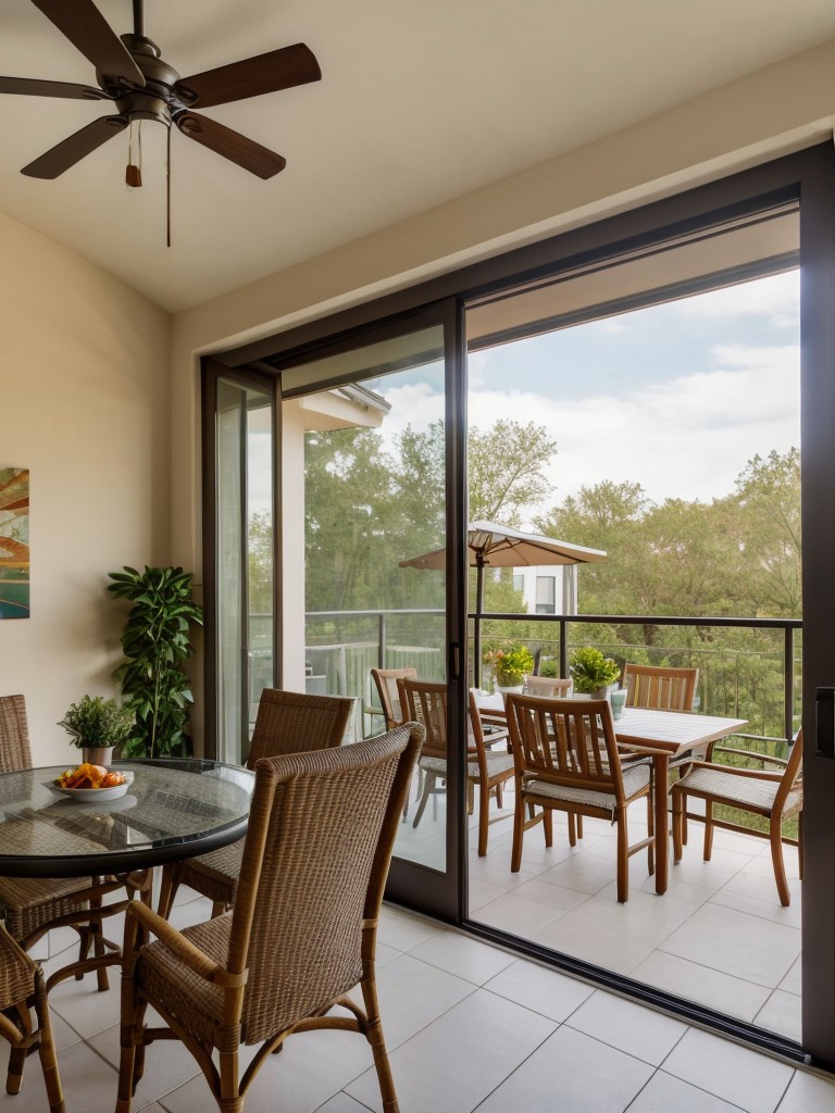 Integrate a small dining area on your screened-in balcony, complete with a table and chairs, where you can enjoy meals al fresco and entertain guests.