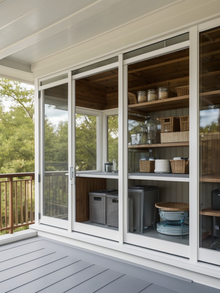 Maximize the functionality of your screened-in balcony by incorporating storage solutions like floating shelves or built-in cabinets to keep your outdoor essentials organized.