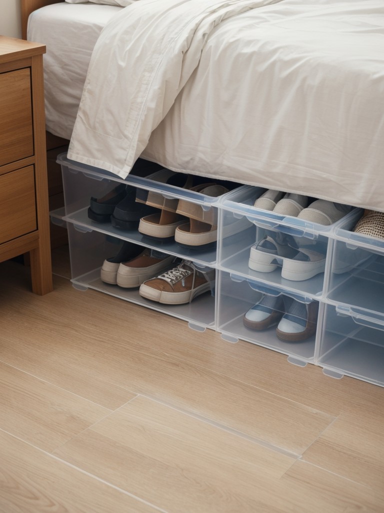 Consider clear plastic shoe boxes that can be stacked and easily stored under the bed.