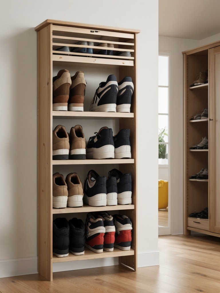 Opt for a wall-mounted shoe storage unit that can hold multiple pairs without taking up valuable floor space.