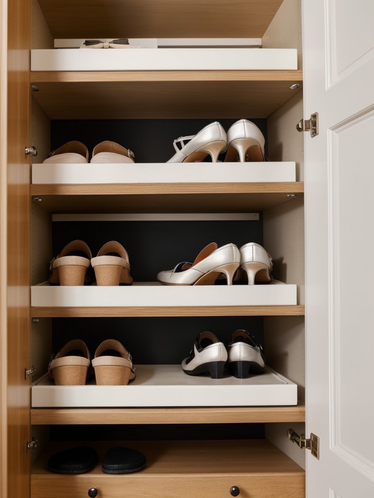 Use a narrow bookshelf with adjustable shelves to store shoes vertically in a small space.