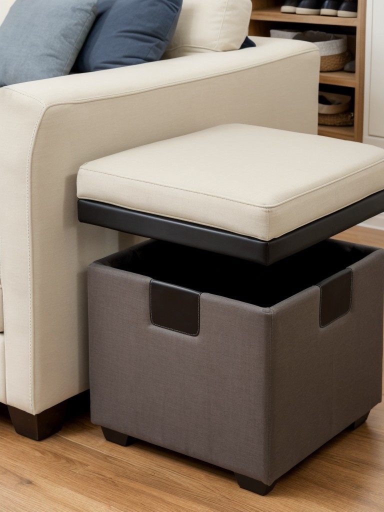 Use a storage ottoman with a removable lid to store shoes while doubling as seating in a small space.