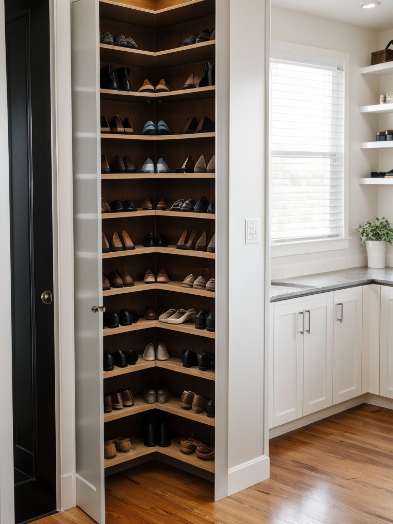 Utilize unused corners by installing a corner shelving unit specifically designed for shoe storage.