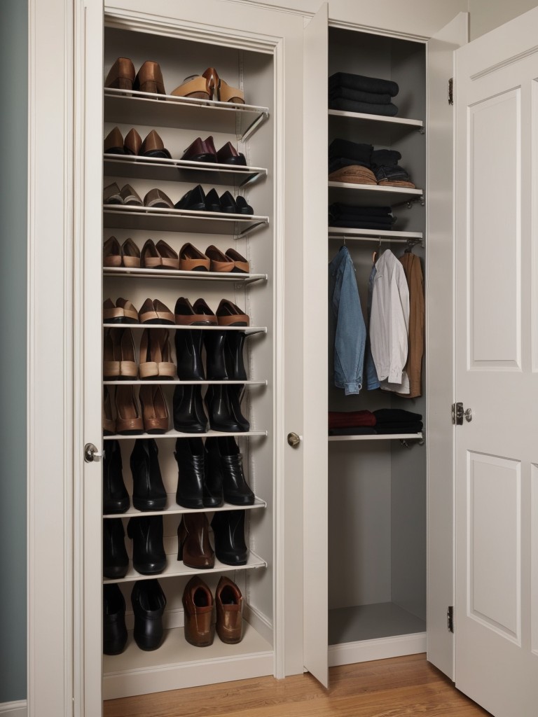 Utilize vertical space by installing a shoe rack on the back of a closet door.
