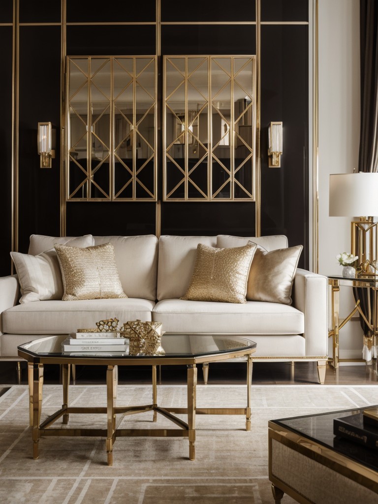 Art deco-inspired living room decor with luxe materials, geometric patterns, and glamorous accents.