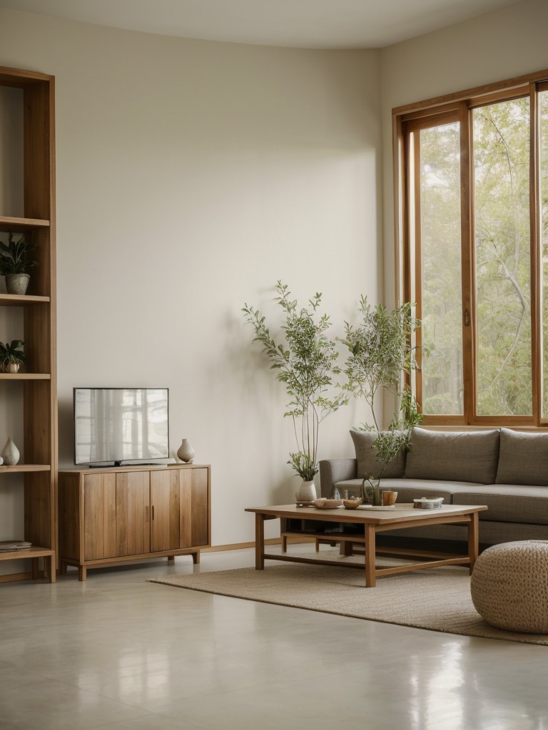 Asian-inspired living room decor with minimalist furniture, natural materials, and serene color palette.