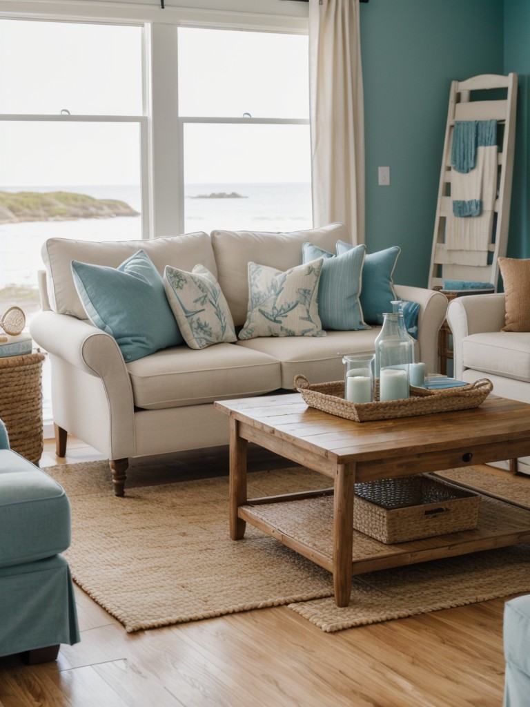 Coastal-themed living room decor with beachy colors, natural materials, and nautical-inspired accessories.