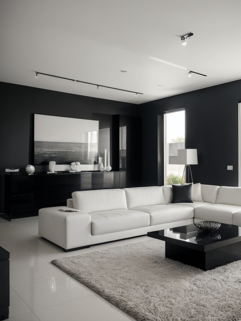 Contemporary living room design with sleek furniture, eye-catching artwork, and a monochromatic color scheme.