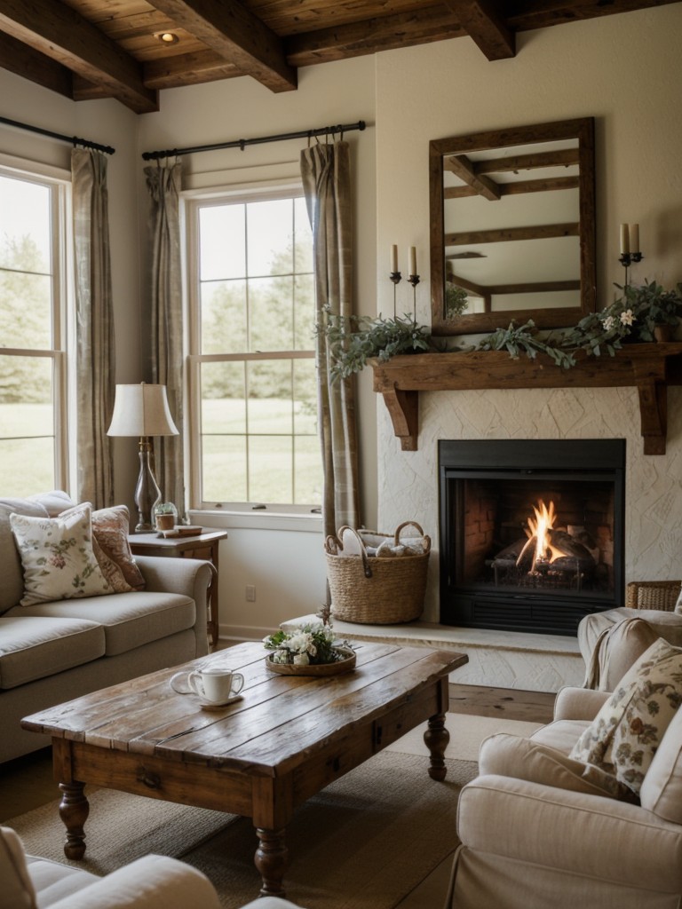 Country cottage living room decor with cozy textiles, floral patterns, and a rustic fireplace.