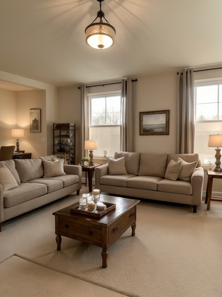 Cozy living room ambiance with soft textures, warm lighting, and a comfortable seating arrangement.