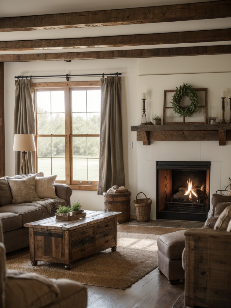 Farmhouse-inspired living room decor featuring rustic elements, distressed furniture, and a cozy fireplace.