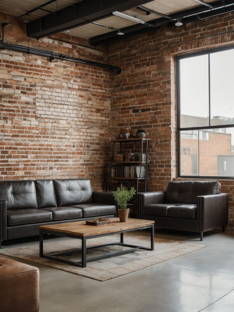 Industrial-inspired living room with exposed brick walls, metal accents, and vintage furniture pieces.