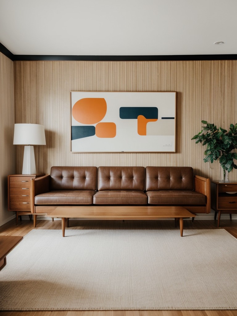 Mid-century modern living room design combining clean lines, bold patterns, and retro-inspired furniture.