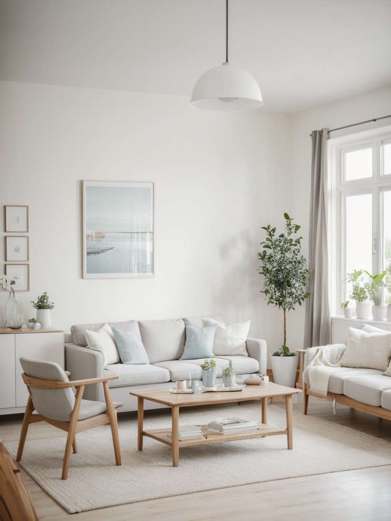 Scandinavian-inspired living room decor featuring light wood furniture, white walls, and pops of pastel colors.