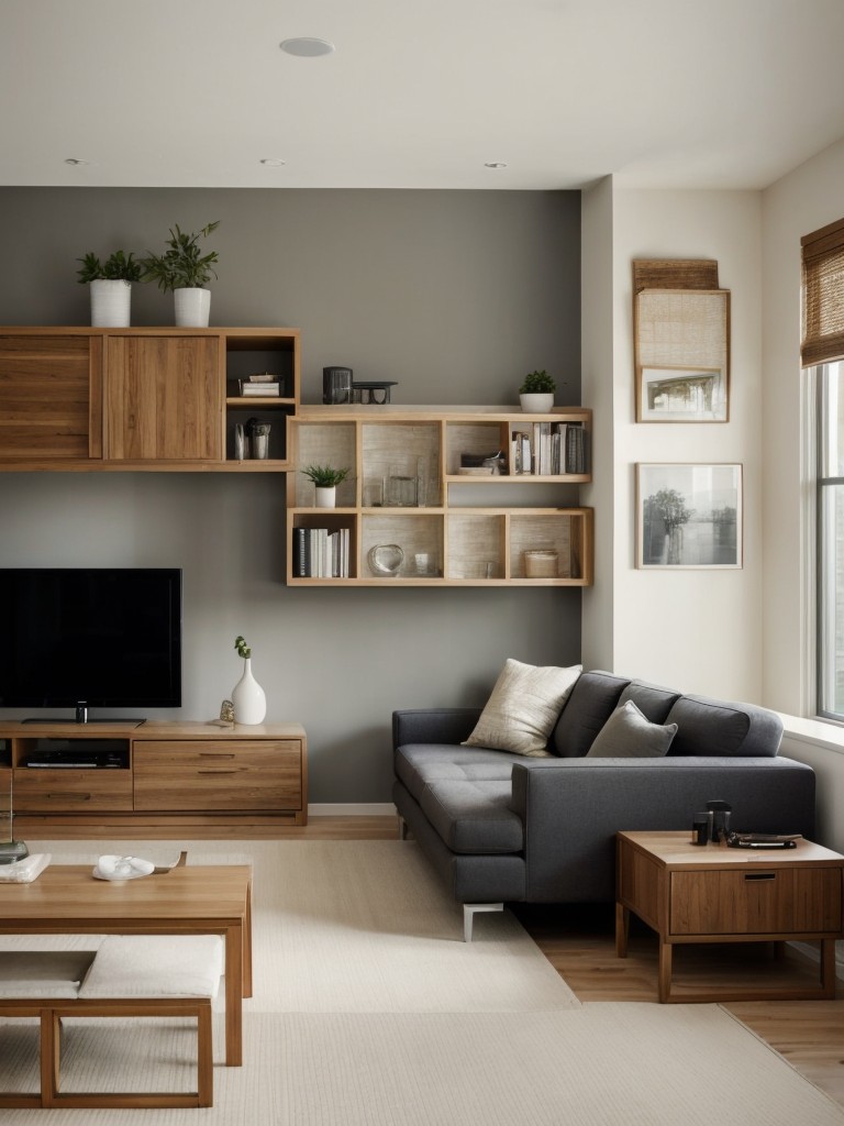 Small space living room ideas with space-saving furniture, wall-mounted storage, and clever organization solutions.