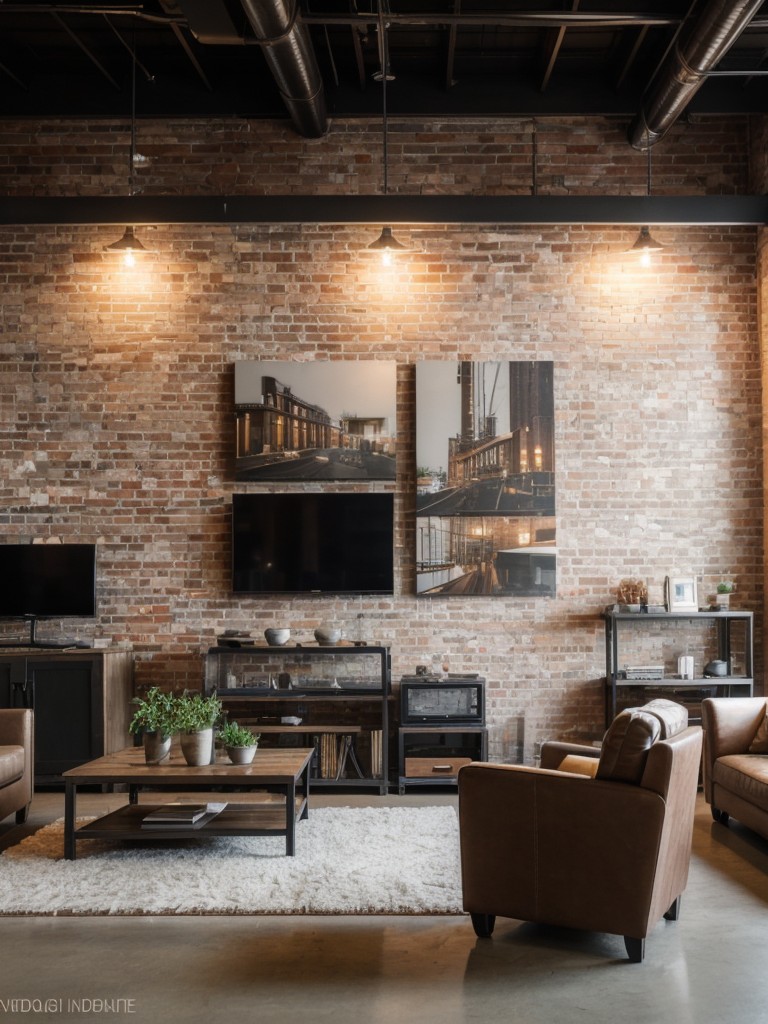 Urban loft-inspired living room design featuring exposed brick walls, industrial lighting, and urban artwork.