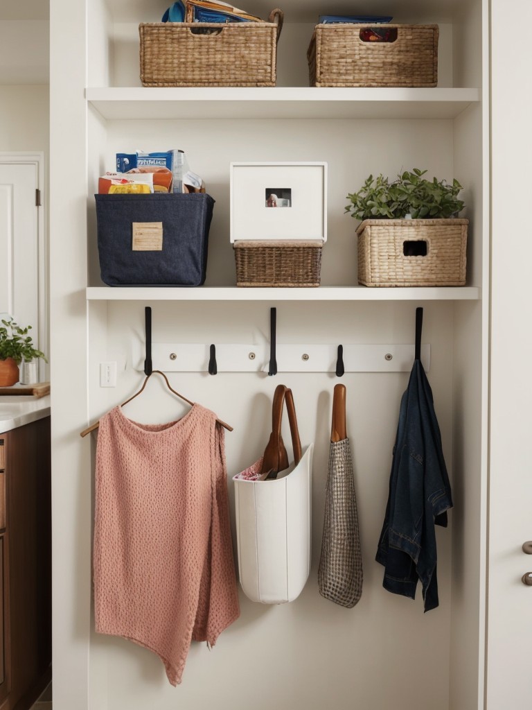 Get creative with wall-mounted shelving and hooks to save floor space and keep belongings organized.