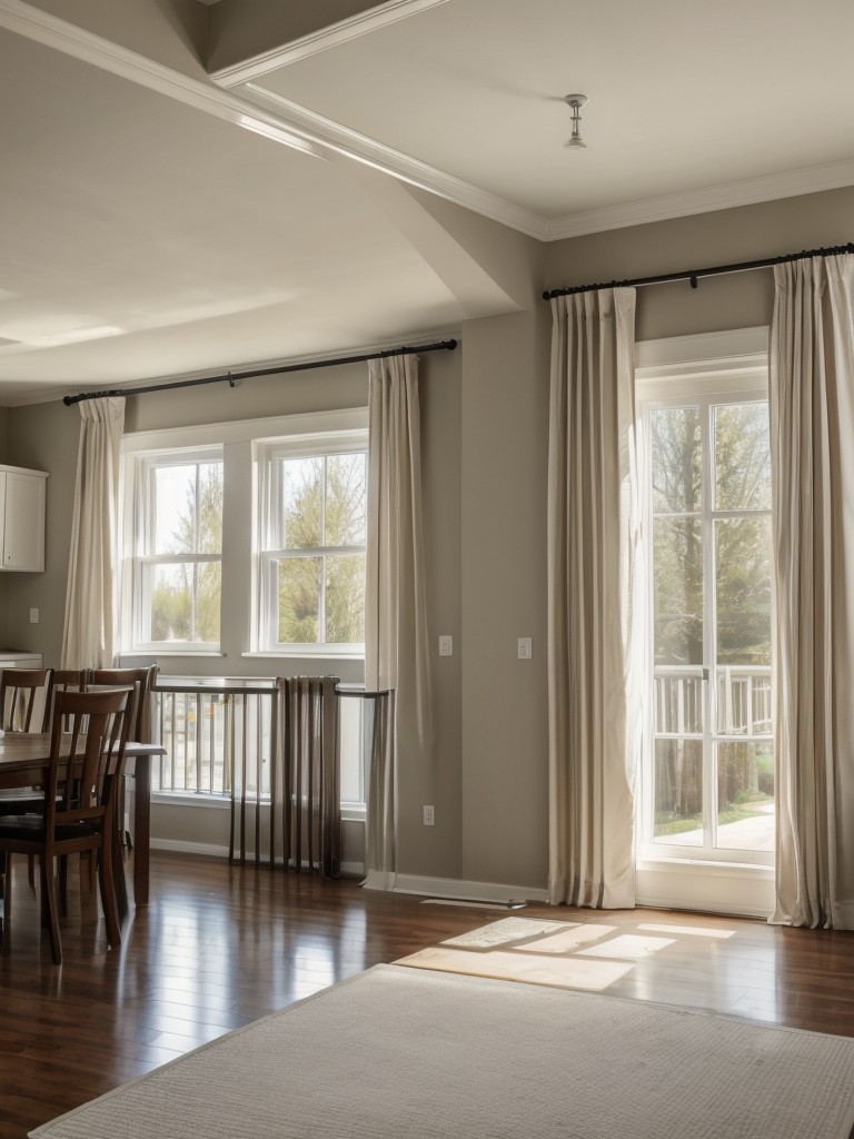 Hang curtains closer to the ceiling to create the illusion of higher ceilings and a more spacious atmosphere.