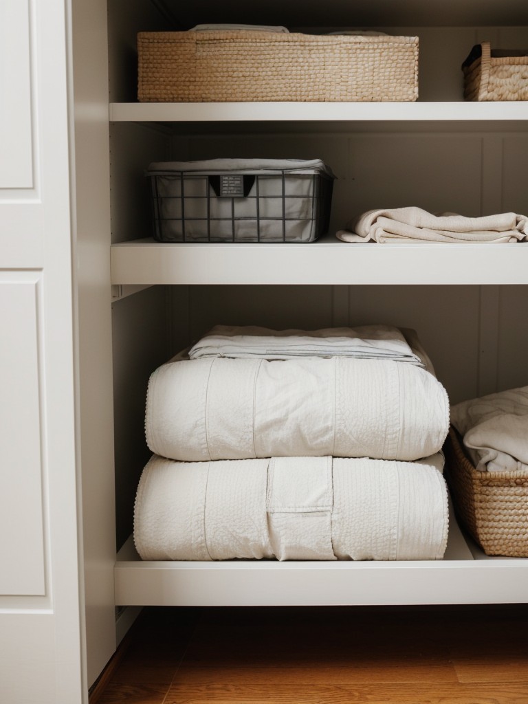 Utilize under-bed storage containers to keep linens, out-of-season clothing, or other items neatly tucked away.