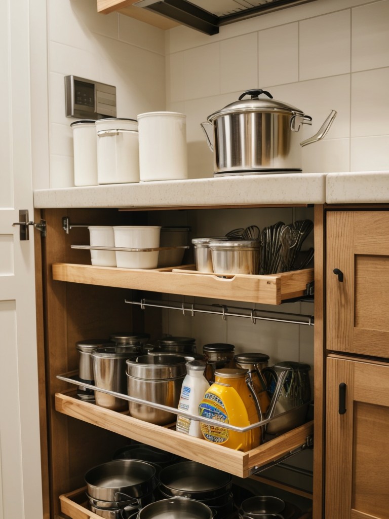 Maximizing storage in the kitchen area with pull-out drawers, lazy susans, or hanging pot racks.