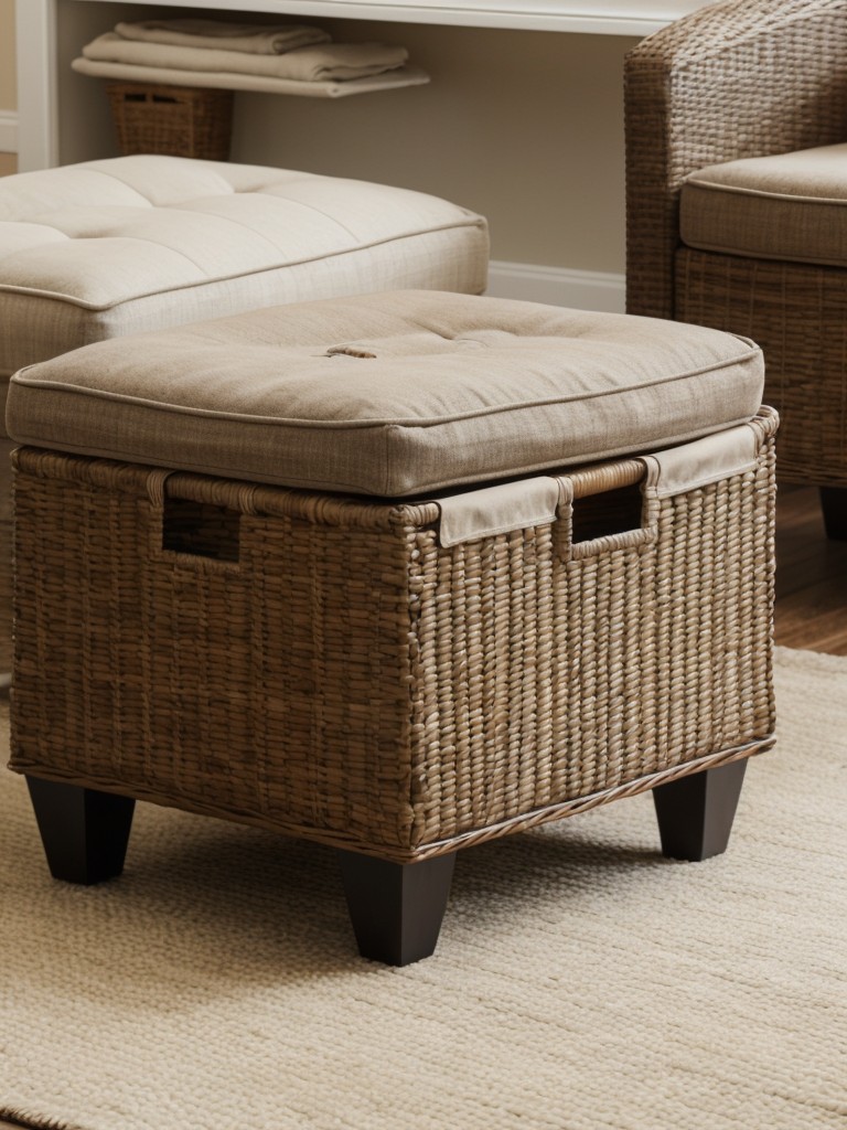 Organizing belongings with stylish baskets or storage ottomans that can also serve as seating.