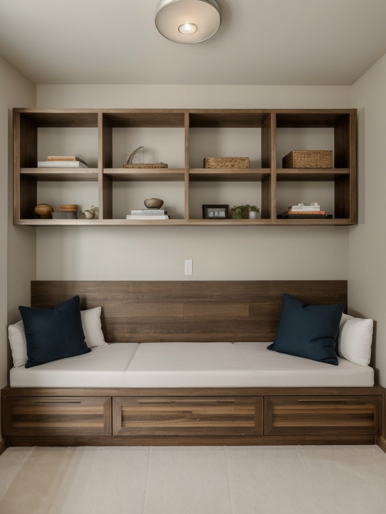 Hang a series of floating shelves at staggered heights to separate the living and sleeping areas.