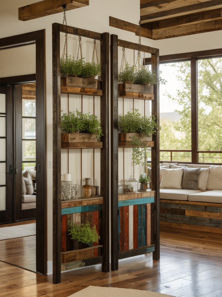 Use a large reclaimed wood frame with hanging planters to create a natural and rustic divider effect.