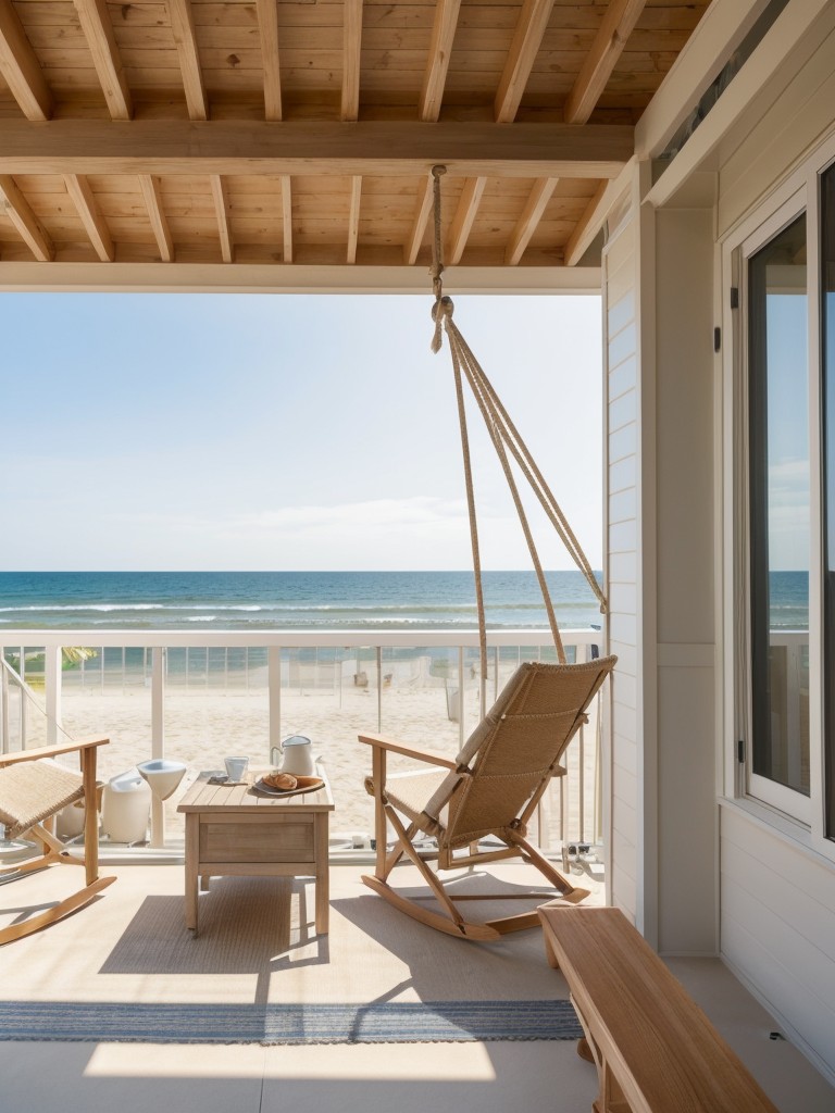 Bringing the beach to a small apartment balcony with nautical decor, sand-colored furniture, and a hanging beach chair.