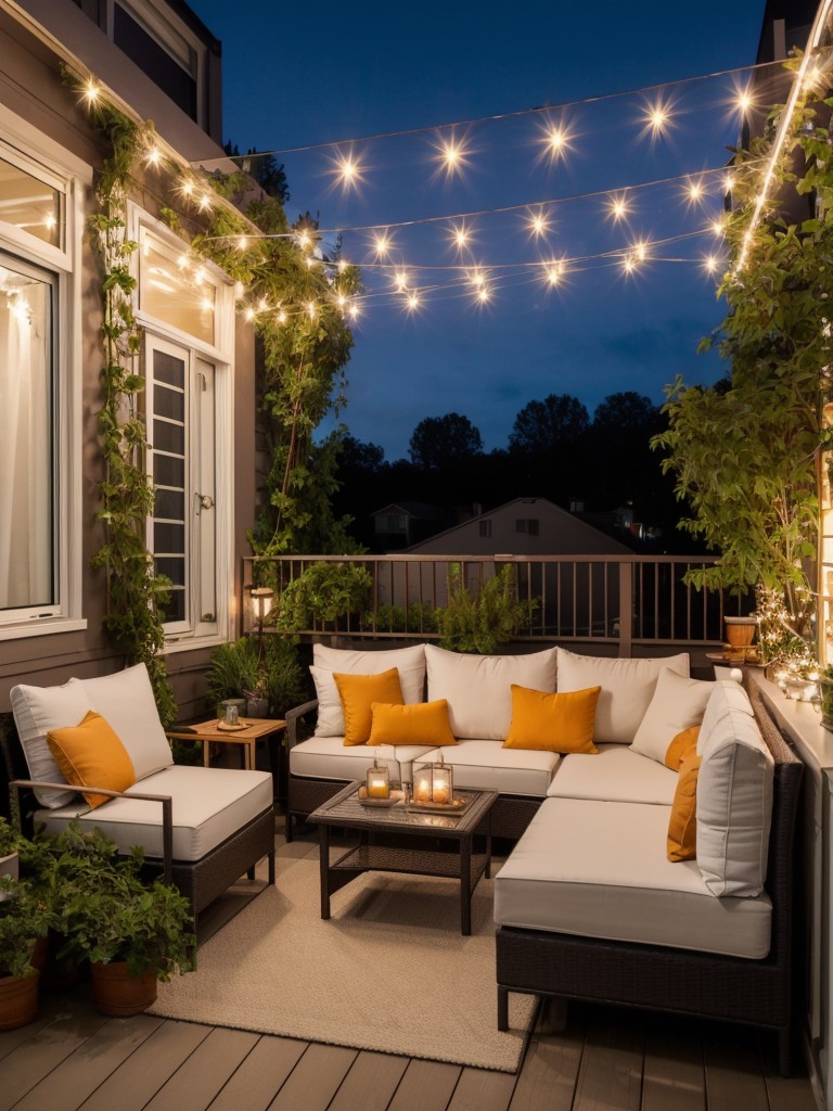 Creating a cozy outdoor oasis with comfortable seating, twinkling lights, and colorful cushions on a small apartment balcony.