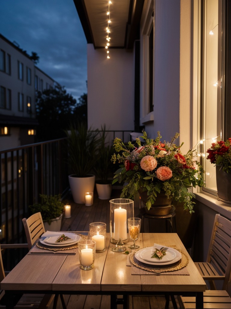Creating a romantic atmosphere on a small apartment balcony with fairy lights, floral arrangements, and a candlelit dining area.