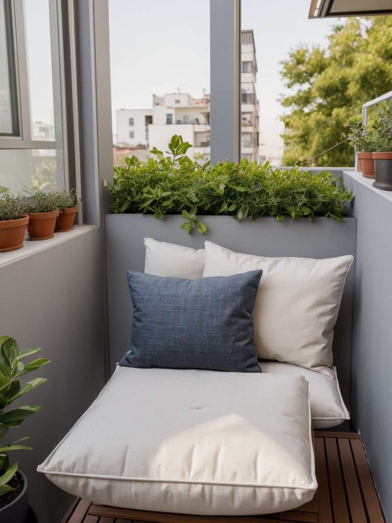 Creating a serene meditation corner on a small apartment balcony with a comfortable cushion, zen decor, and soothing sound features.