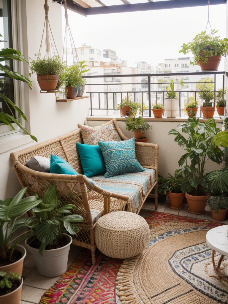 Creating a vibrant bohemian oasis on a small apartment balcony with eclectic patterns, macrame plant hangers, and floor pillows.