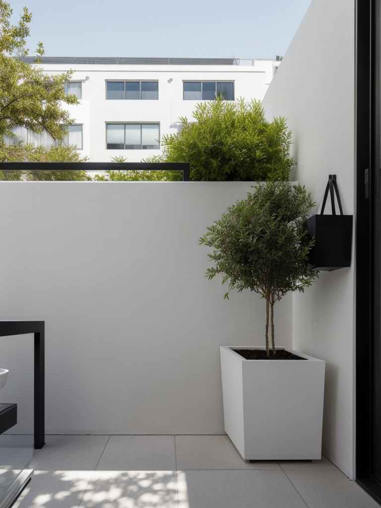 Designing a sleek and minimalist small apartment balcony with clean lines, monochromatic color palette, and sleek planters.