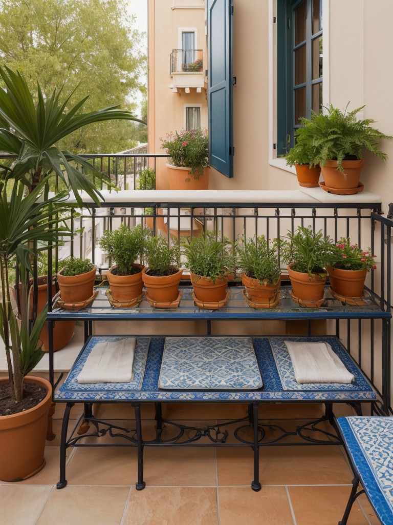 Designing a small apartment balcony with a Mediterranean flair, incorporating terracotta pots, wrought iron furniture, and colorful tiles.