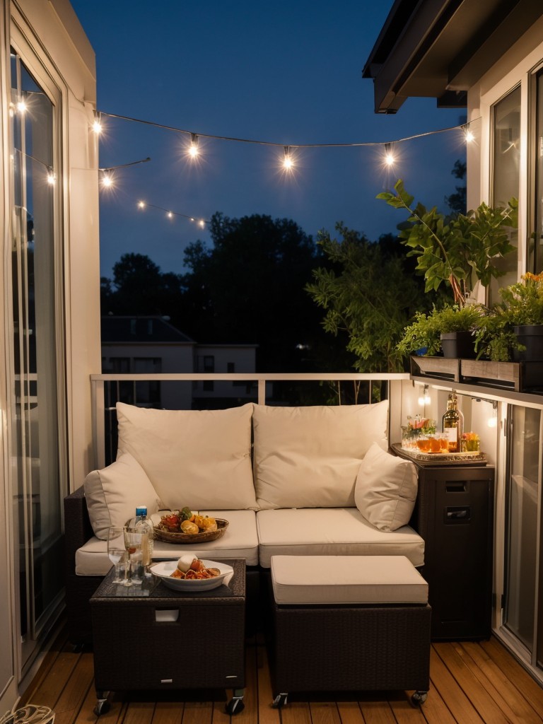 Designing a small apartment balcony with a mini bar cart, comfy seating, and string lights for an entertaining outdoor space.