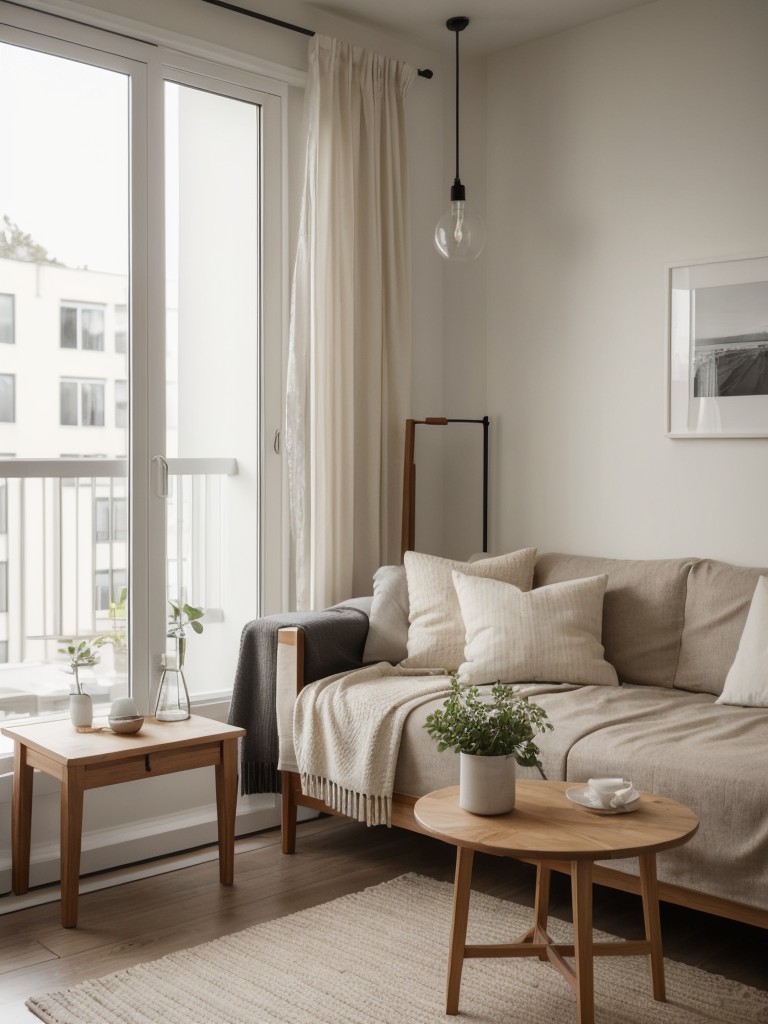Designing a small apartment balcony with Scandinavian influence, featuring light wood furniture, neutral tones, and cozy textiles.