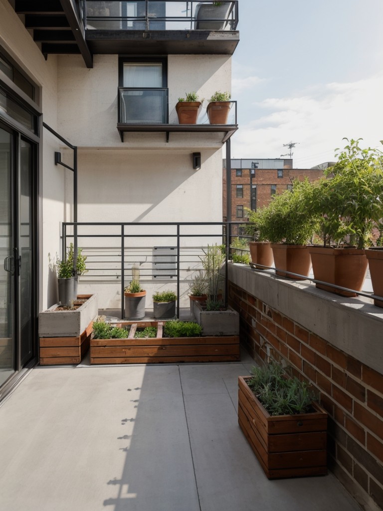 Embracing an industrial aesthetic on a small apartment balcony with metal furniture, concrete planters, and exposed brick walls.