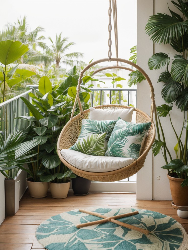 Embracing a tropical vibe on a small apartment balcony with lush greenery, patterned textiles, and a hanging swing chair.