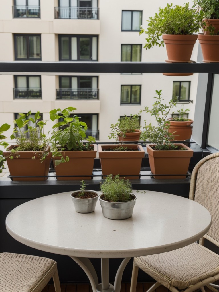 Incorporating a mini herb garden, potted plants, and a small bistro table for a functional and charming apartment balcony.