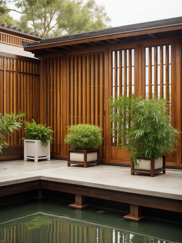 Incorporating a mini pagoda, bamboo planters, and serene water features for an Asian-inspired small apartment balcony design.