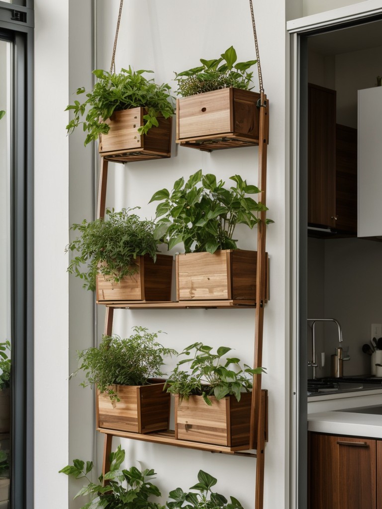 Maximizing space with vertical gardening, hanging plants, and folding furniture for a small apartment balcony.