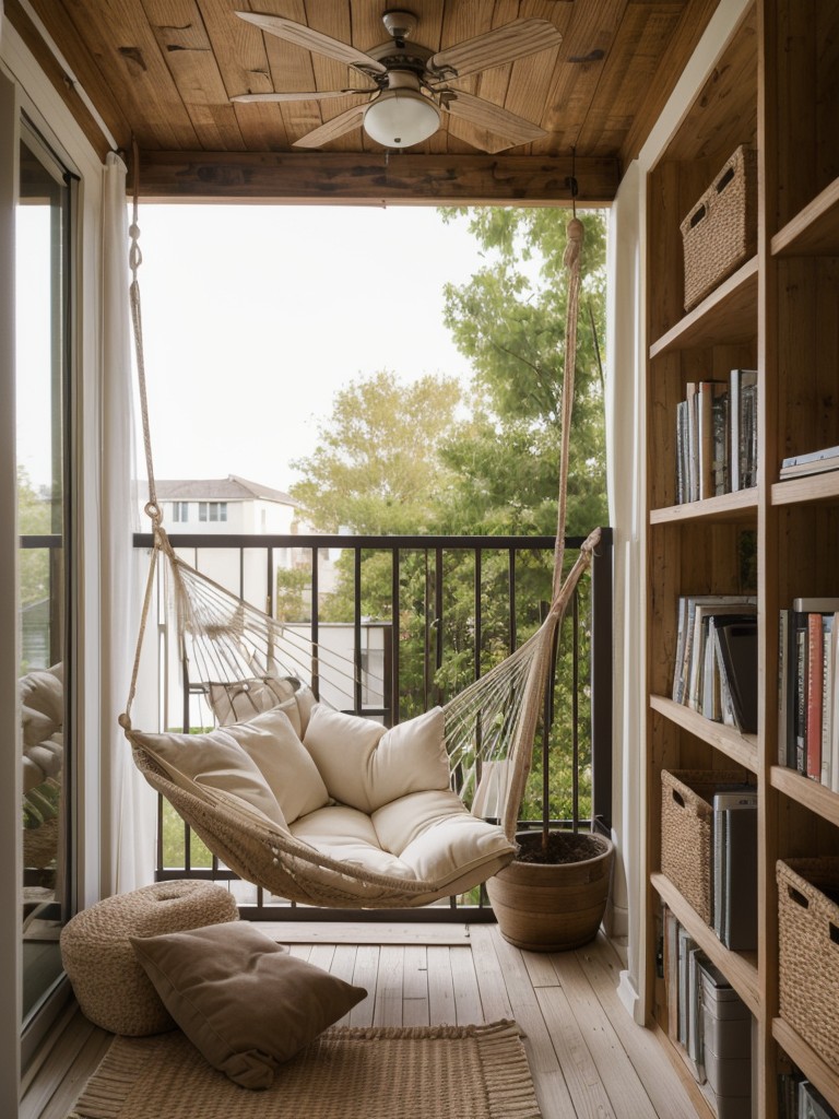 Transforming a small apartment balcony into a cozy reading nook with a hammock chair, floor cushions, and a rustic bookshelf.