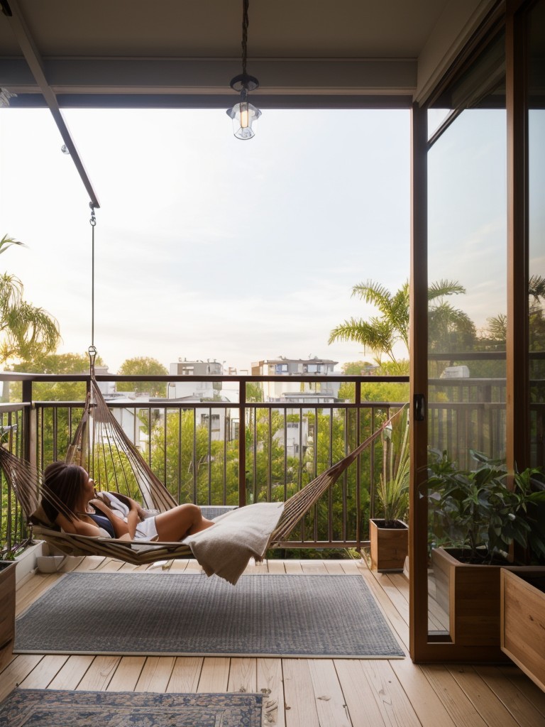 Transforming a small apartment balcony into a peaceful retreat with a hanging hammock, ambient lighting, and privacy screens.