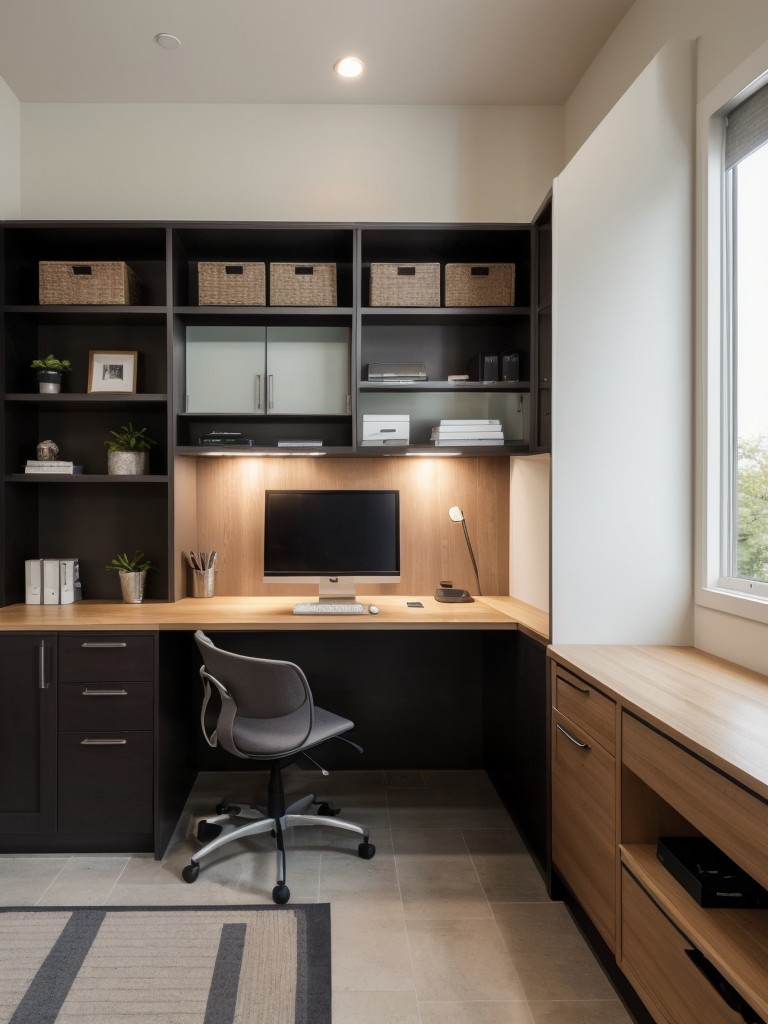 Create a functional and stylish home office by investing in a compact desk with built-in storage compartments, ergonomic seating, and good-quality task lighting.