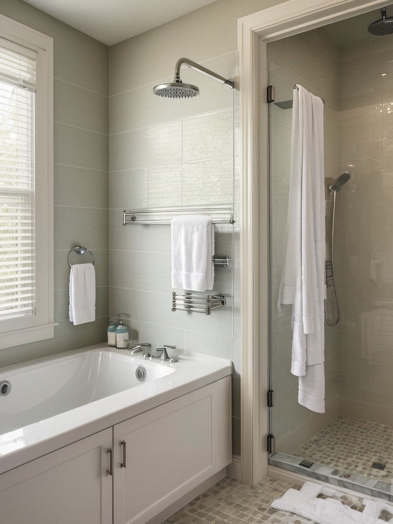 Create a spa-like atmosphere in your apartment bathroom by installing a rainfall showerhead, heated towel racks, and a soaking tub.