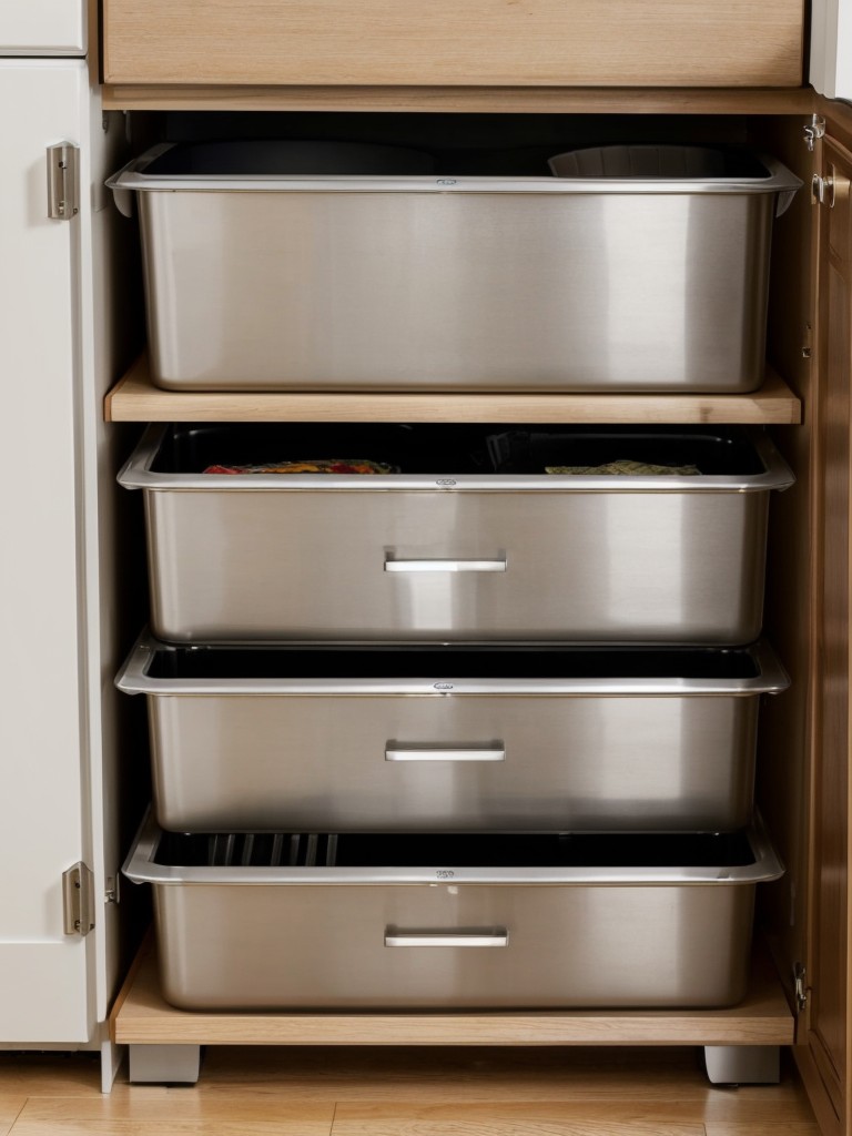 Maximize efficiency in your small apartment kitchen by incorporating drawer dividers, stacking shelves, and pull-out trash cans for easy access and organization.