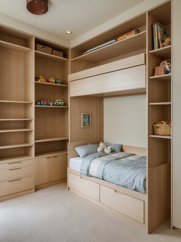 Maximize storage in your child's bedroom by using under-bed drawers, hanging organizers, and wall-mounted bookshelves to keep toys, books, and clothing organized.