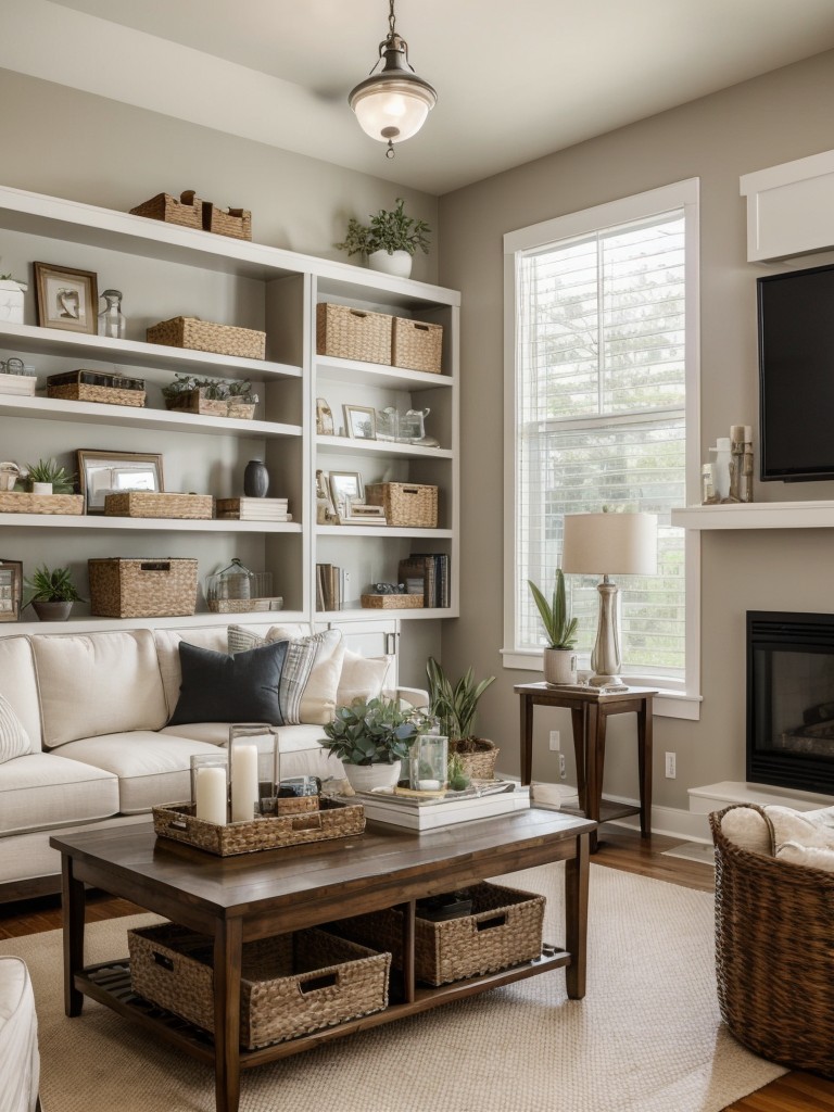 Utilize wall-mounted shelves, coffee tables with built-in storage, and decorative baskets to keep your living room organized and clutter-free.